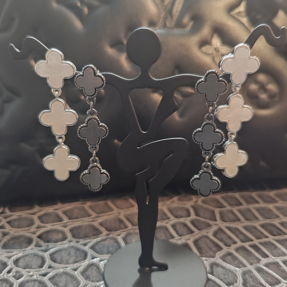 2 Pair KS Inspired Clover Drop Earrings Black & White